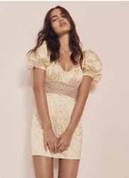Victorias Secret FOR LOVE & and LEMONS Daffodil Dress Satin & LaceYellow Floral. Puff sleeve mini dress