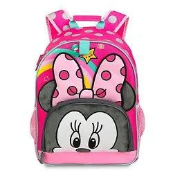 Minnie Mouse screen art on front zip pocket. Top carry handle. 15