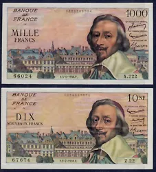 2 x Billets 1000 Francs RICHELIEU 5-1-1956 SUP+ ( 2 plis & pas de trous ) + 10NF RICHELIEU 2-7-1959 SUP ( plié en 4 +...