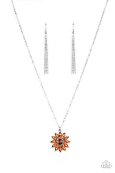 Glittery orange marquise cut rhinestones fan out from an oval topaz rhinestone center, creating a fabulous floral...
