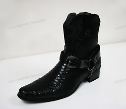PU Upper, Side Zipper, Snake Skin Print, Adjustable Buckle, O-Ring Ankle Harness Strap. Style: Cowboy Boots, Western....