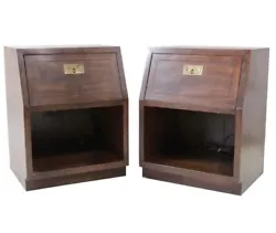 Beautiful matched pair of mid century Henredon walnut and brass side tables or nightstands. Note the drop fronts.