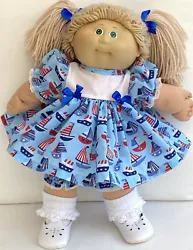 Lovely 3-piece outfit. Dress ,pants and little socks to fit Cabbage Patch type of doll 16”. Bright blue polycotton...