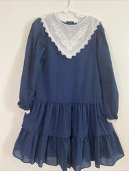Vintage 80s Bryan Smocked Dress Girls 6 X Navy Blue White Polkadots & Lace.