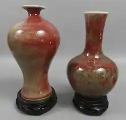 Lot of 2 old Chinese porcelain vases with red flambe glaze.