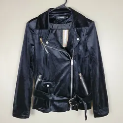 Do + Be S (Nordstrom) Black Velour Motorcycle Jacket Belted Around Waist. Has an assymetrical zipper front and 3...