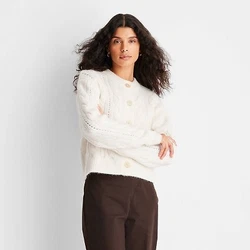 •Long-sleeve button-up cardigan in off-white •Midweight knit fabric blend with spandex •Crewneck •Ribbed cuffs...