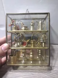 Brass Curio Cabinet Glass & Mirrored W/ Miniatures.