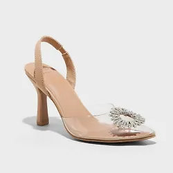 •3.5in stiletto heels •Transparent closed-toe vamp •Embellished with sparkly wreath-like motif •Pointed toes,...
