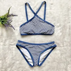 Moontide Striped Bikini Set Size 4 Blue & White V Strap Preppy Nautical. Great condition! Moontide striped bikini set...