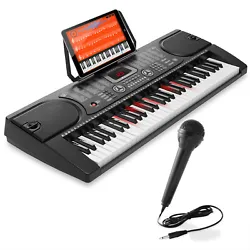 Includes: 61-Key Electronic Keyboard Piano with Light Up Keys, Microphone, DC 9V/AC Adaptor, Sheet Music Stand, Sticker...