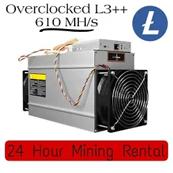 L3++ ANTMINER (610mhs +/- 10%) for mining 24h. We will connect our Antminer L3++ machines to the pool of your choice...