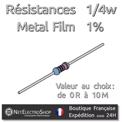 Lot de 20 Resistances 1/4W (0,25W) 1% Couche Métal. Valeur au choix parmi 170 valeurs. Valeurs : 0 Ohm / 0R à 10M...