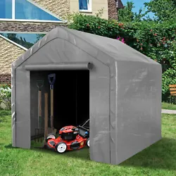 Storage tent is made of double-coated PE material! Our storage shed equipped with removable zippered roll-up door that...