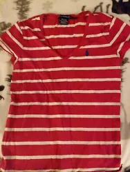 Ralph Lauren Womens Size XS Red/White Stripe Cotton V-Neck T-Shirt.