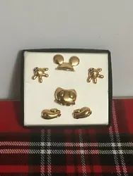 Older (never worn) Disney Mickey Mouse Gold Colored Boxed Pin Set - Ears, 2 Hands, Pants, 2 Feet ~ 