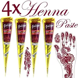 4 X GOLECHA RED COLOR HENNA CONES Temporary Tattoo + Free 2 Water Base Tattoo. NATURAL HERBAL HENNA PASTE FOR PERFECT...