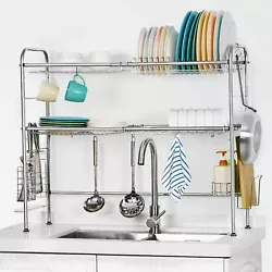 High quality 2 tier stainless steel dish drainer. Kitchen dish rack 2-layer drain rack adjustable height non-slip...
