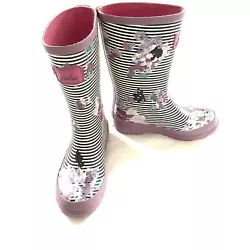 Joules Girls Rain Boots, US size 2, tall style. Pink and purple accents on a stripe boot with large floral design....