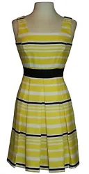 Julian Taylor Pleated Dress. Jacquard textured. Yellow white black stripe. Fit and flare dress. Yellow White Black. We...