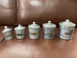 Vintage French Set of 5 Aluminium Canisters with Brass Name plates Pots & Lids. 5 aluminum canisters farina, cafe, the,...