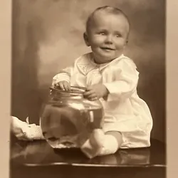 Subject: Adorable little boy with fish bowl. Antique CABINET CARD Photograph. Photography Studio: Signed on front.