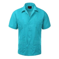 Guayabera Mens Cuban Beach Wedding Short Sleeve Casual Dress Shirt Black S.