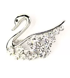 Silver tone swan brooch pin with clear Swarovski crystal.