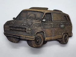 VINTAGE BRASS CHEVY VAN BELT BUCKLE RARE UNMARKED AUTO CHEVROLET CAR TRUCK.