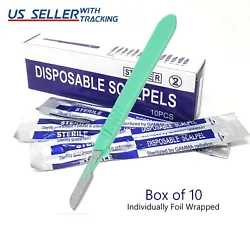 ITEM:10 DISPOSABLE STERILE SURGICAL SCALPELS #16 CARBON STEEL BLADE WITH PLASTIC GRADUATED HANDLE. Sterilized by gamma...