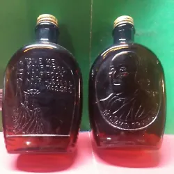 Vintage Log Cabin Syrup Brown Glass Bottles Embossed Ben Franklin & Lady Liberty. Condition is 