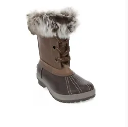 This ankle duck boot features a faux leather design with soft, plush faux fur trim for cozy comfort. PU upper, faux fur...