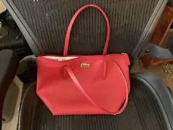 Lacoste Large Red PVC Double Handle Large Full Zip Tote Handbag Bag, Used. Very clean. Shows light wear at base...