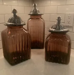 Artland Amethyst Purple Glass Fluted Canisters Set Of 3 S/M/L Pewter Lids. Really awesome canister set of 3 only used...