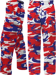 Red White Blue Camouflage BDU Pants Cargo Fatigues USA Patriotic Camo Pants (1835). Made From 55% Cotton & 45%...