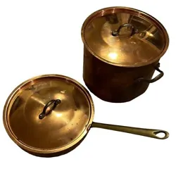 Set of 2 vintage antique brass & copper lined lidded pots