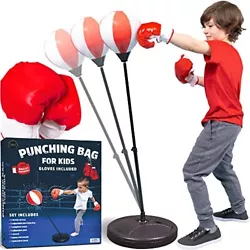 BOXING SET INCLUDES: Adjustable stand, weighted base, punching bag, boxing gloves, and air pump. Punching bag and...