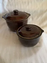 2 Brown Glazed Stoneware Round Bean Pot Crock With Lids. The Larger Pot is 7