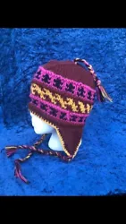 Handmade Crochet Wool Burgundy and Pink Braided Winter Hat. Condition is 