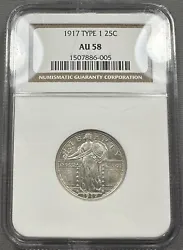 1917 Standing Liberty Quarter 25c - NGC AU58 Type 1 - Choice Luster PQ. Shipped with Standard Shipping.