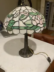 Vintage Tiffany Style Lamp Crystal Stained Glass Home Used Small Crack in top of shade and dent in metal on roof of...