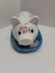 Pig Floral Butter Dish Blue with Pink Roses Farmhouse. See the last 2 pictures for small chips,barely noticeable.  In...