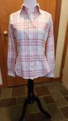 Burberry Women’s Plaid Button Down Shirt, Pink & White, Size Small. Length 24