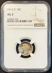 1916-D MERCURY HEAD SILVER DIME NGC AG3 