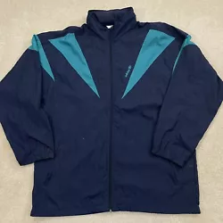 Has hood that tucks into back collar. Front and back of jacket has multiple stains and marks. Also has some staining on...