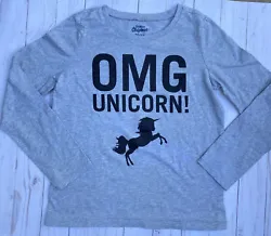 OshKosh Girls Long Sleeve T-Shirt Pullover Size 10-12 Gray shirt with black writing OMG UNICORN with a graphic of a...