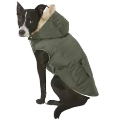 Dog Puffer Jacket With Detachable Fur Lined Hood - Size XL - Olive Green.
