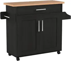 This kitchen island features a towel rack, spice rack, one spacious drawer and enclosed cabinet space with one shelf....