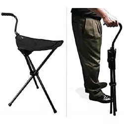 Cane Chair easily folds up and is secured by attached Velcro strap to use as a cane. Walking Chair features a TRIPOD...