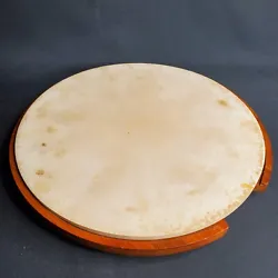13” Round Pizza Stone Baking Stoneware Made in USA.  Used. Please see pictures for condition.  Wooden stand /turntable
